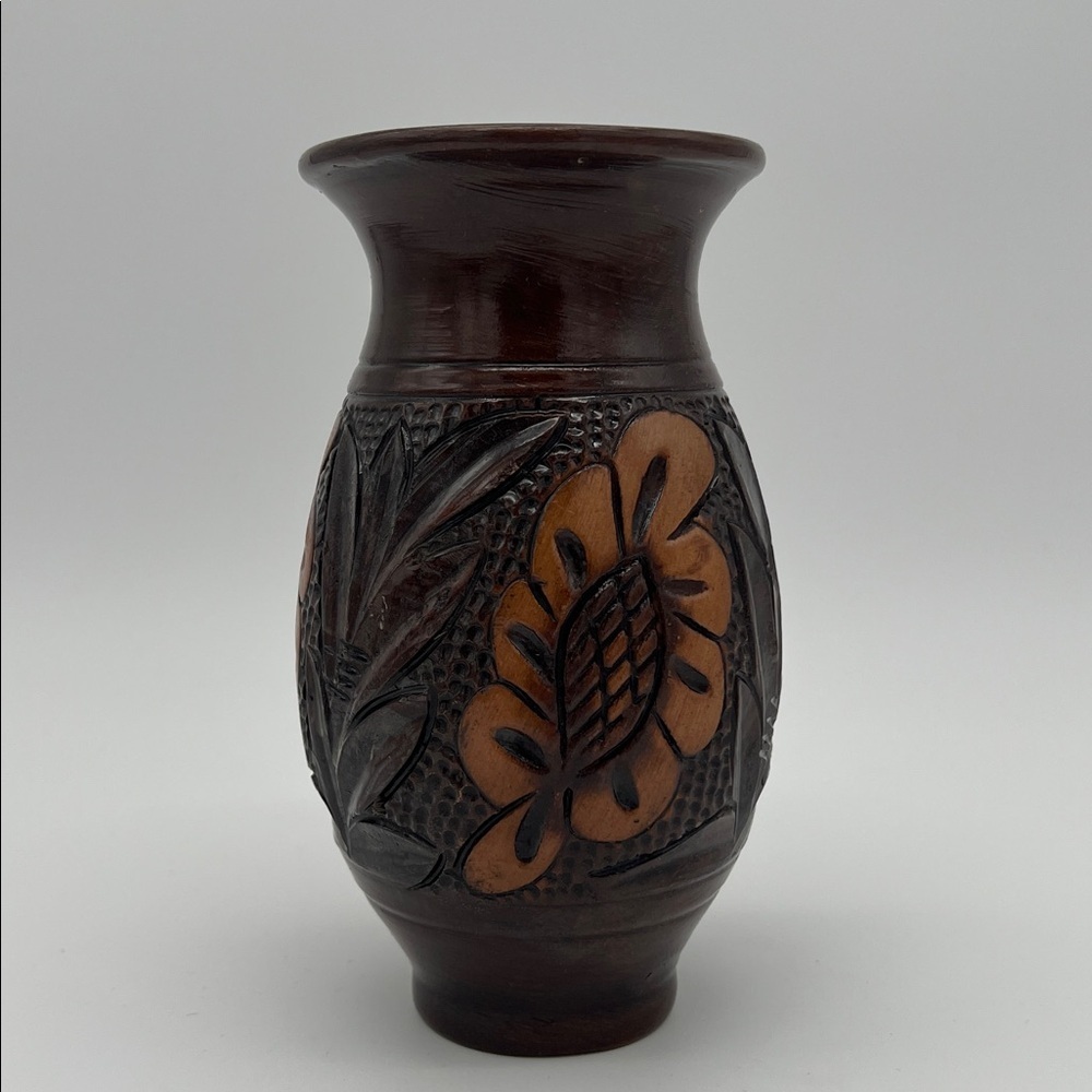 Vintage Handcrafted Korond Pottery Brown Floral Vase Transylvania ~ 7 Inches - Picture 3 of 9